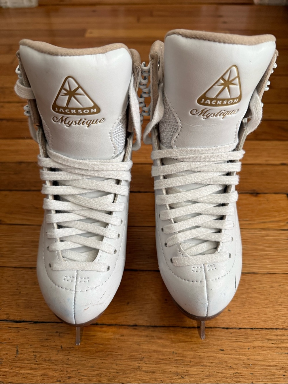 JACKSON Mystique White Figure Skates with Gold Logo Accents